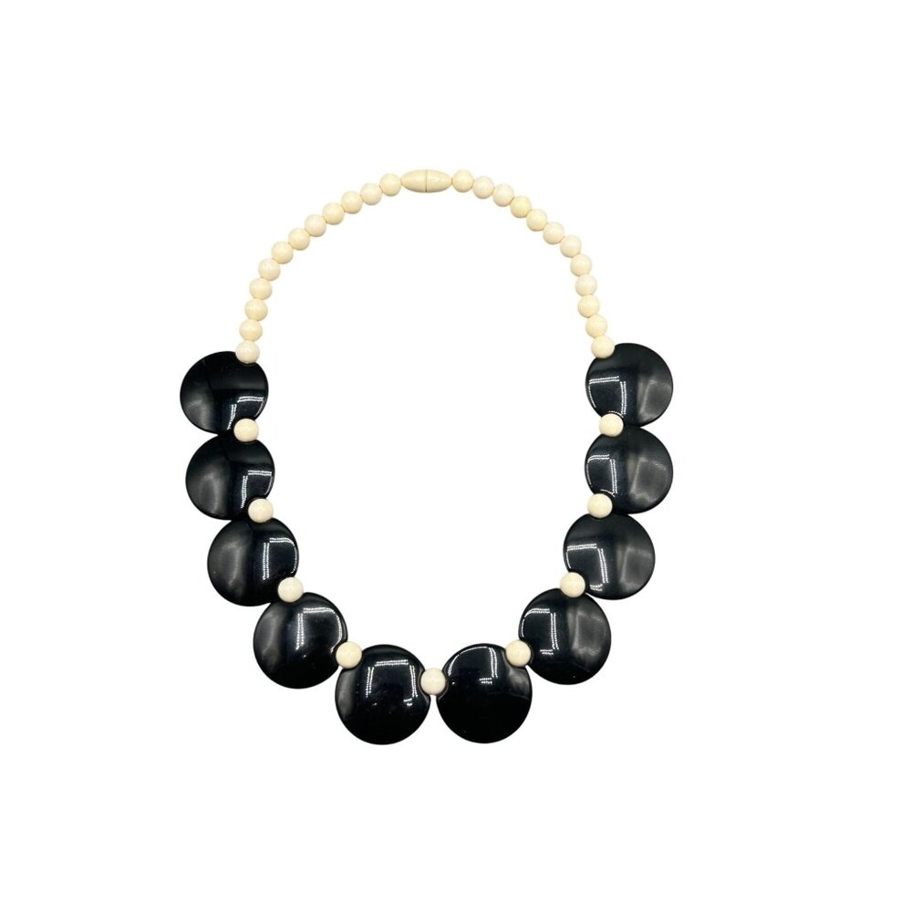 Vintage Black & Beige Plastic Beaded Statement Necklace 16" with Barrel Clasp